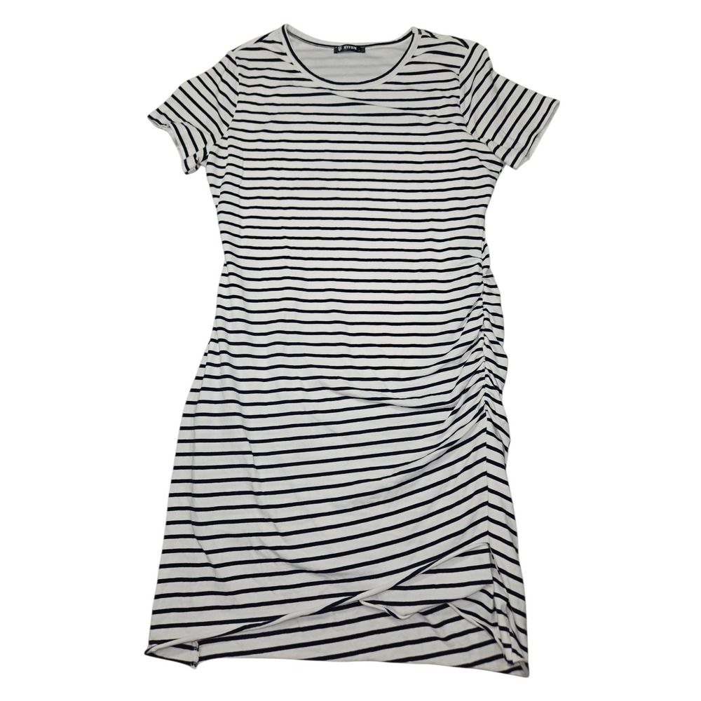 BTFBM Modern Ruched Bodycon T-Shirt Dress Striped Black White Sz L